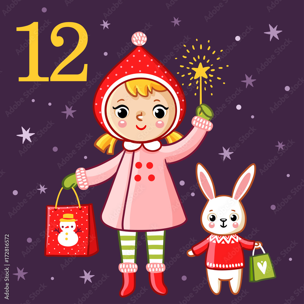 儿童风格的矢量圣诞来临日历。可爱的女孩和兔子拿着礼物。