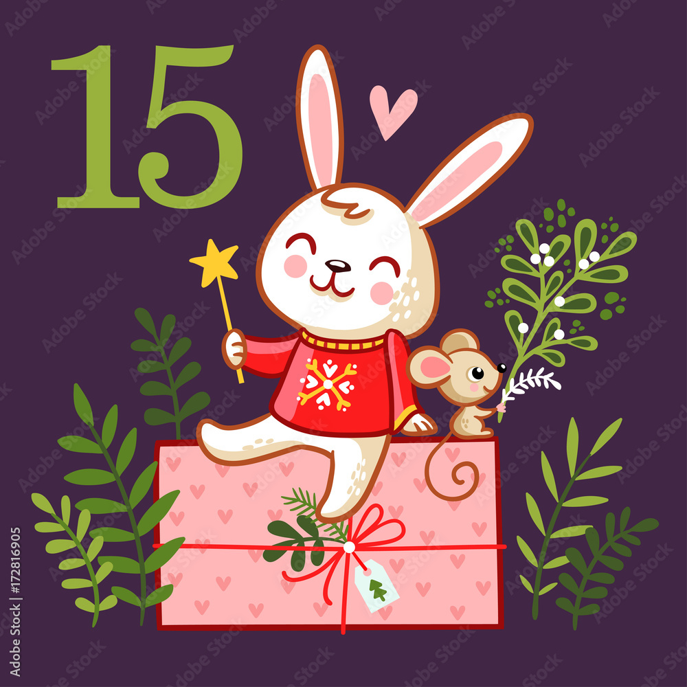 Vector christmas advent calendar in childrens style. Cute smiling rabbit sits on a box with a gift. 