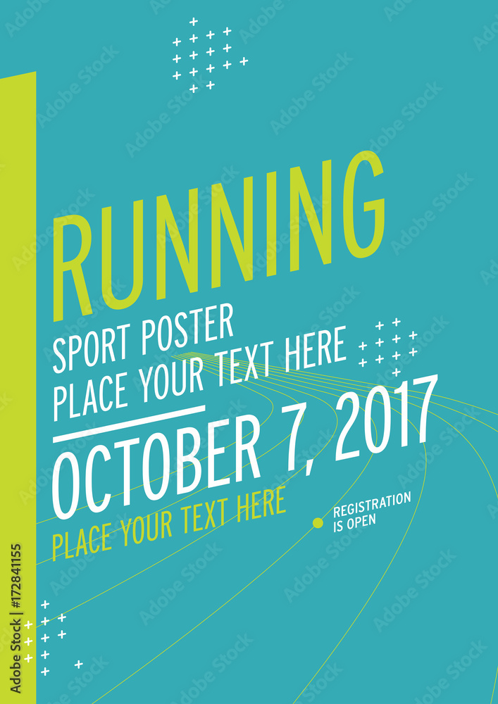 跑步冠军海报设计模板。跑步马拉松矢量传单。体育场跑道