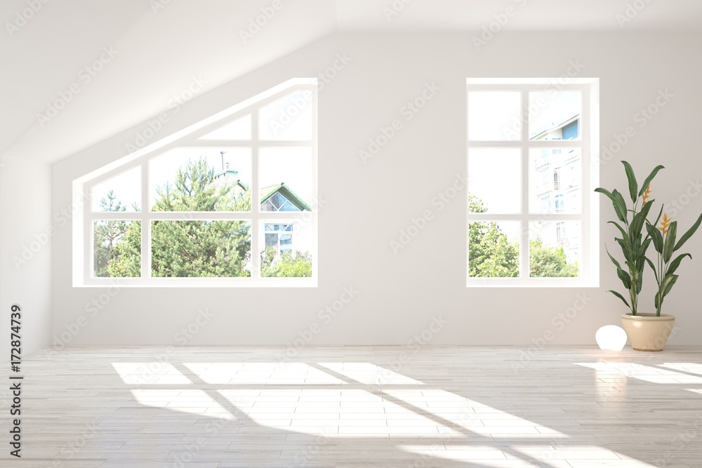 白色空房间，窗户里有夏季景观。斯堪的纳维亚室内设计。3D插图
