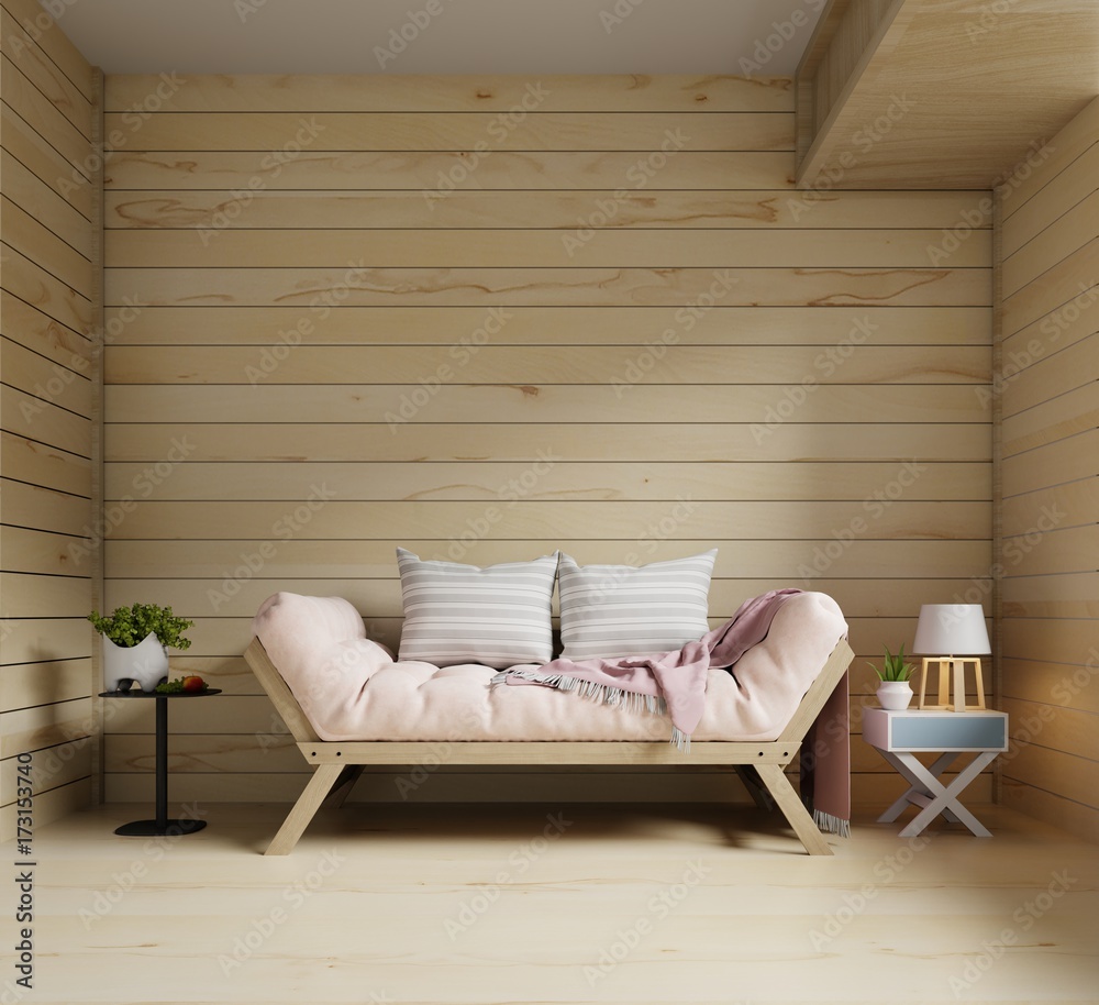 现代木屋中的粉红色沙发，3D渲染