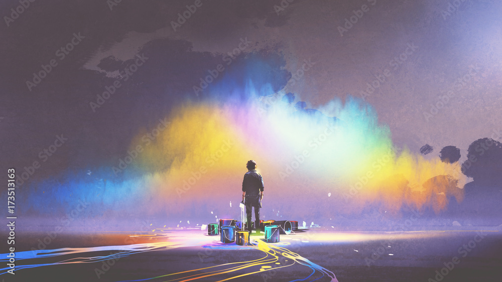 拿着画笔和颜料桶的男人站在彩云前，数字艺术风格，插图