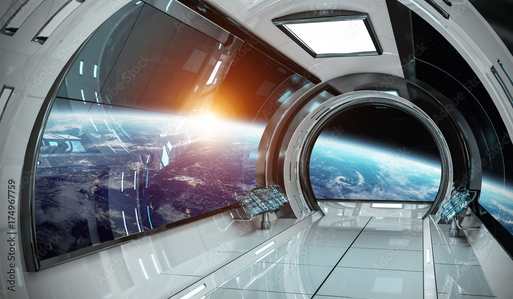 美国国家航空航天局提供的带有地球视图的太空船内部3D渲染元素