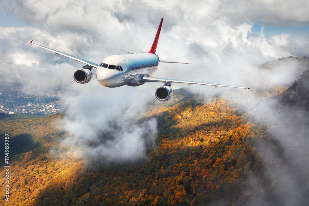 日落时，飞机在山上的云层中飞行，秋天的森林。乘客的风景