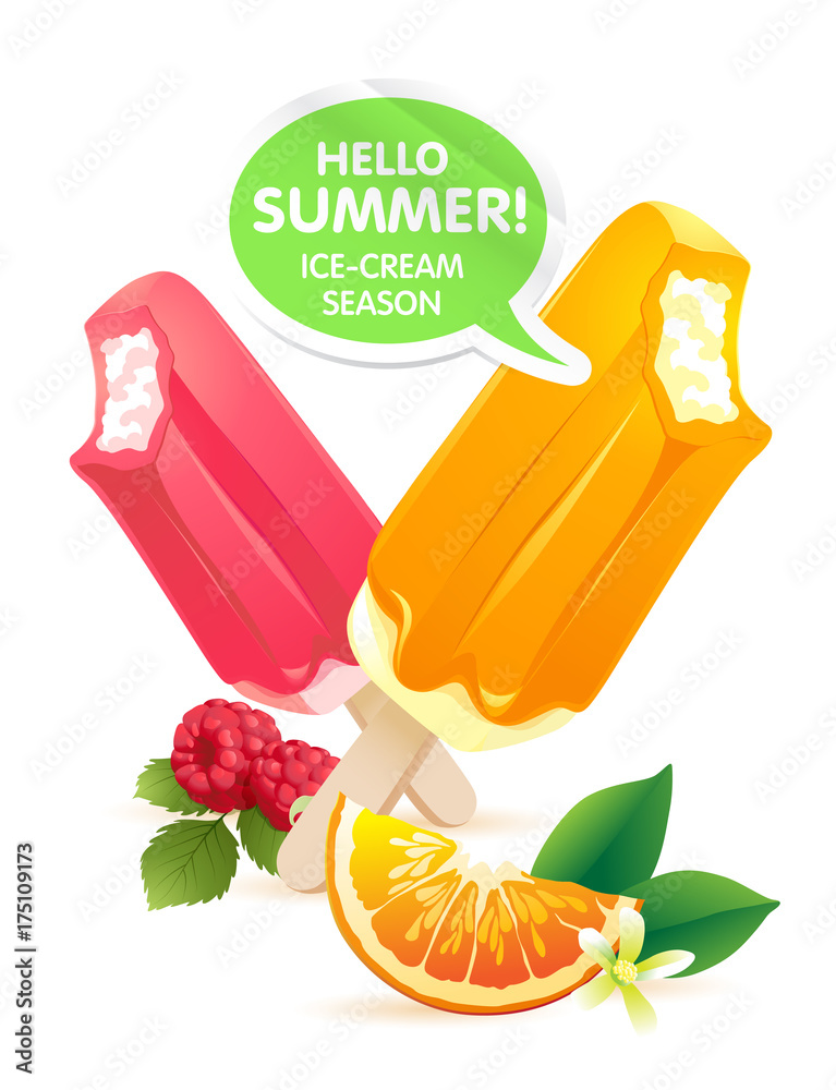 矢量插图橙色和覆盆子冰棍冰淇淋彩色海报