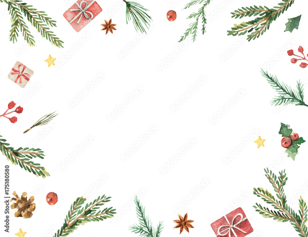 水彩矢量圣诞框架，带有冷杉树枝和文字位置。