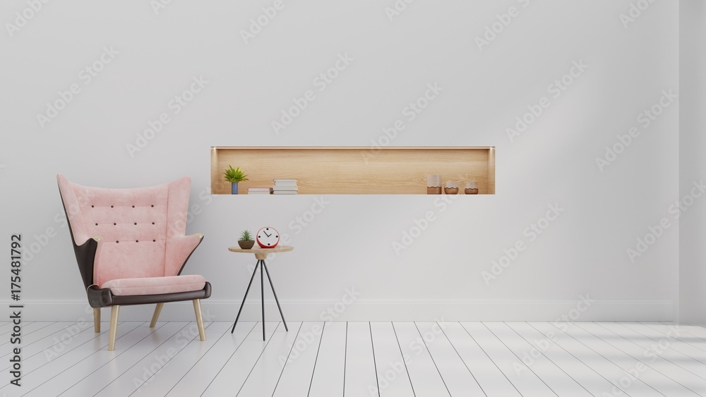 室内生活区，带粉色扶手椅、桌子、木地板和白色墙壁，3d渲染