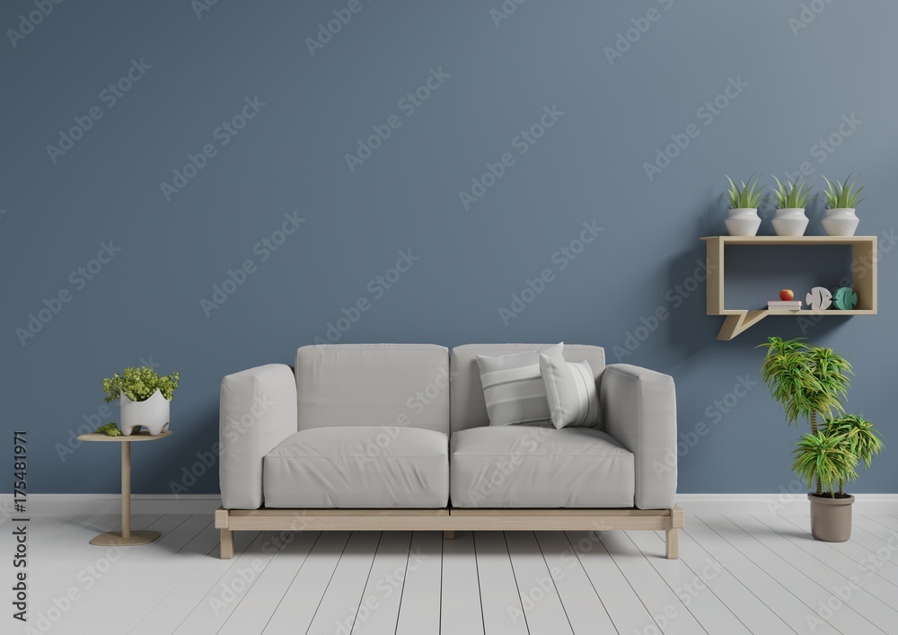 Living room with sofa, small shelf and plants, 3D rendering