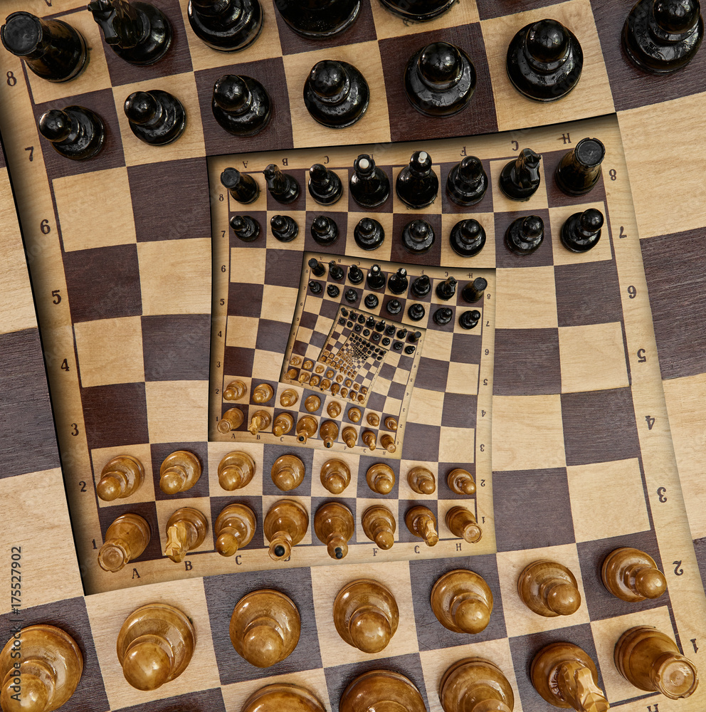 抽象木制棋盘桌白色黑色人物方形螺旋超现实效果。图案效果苏