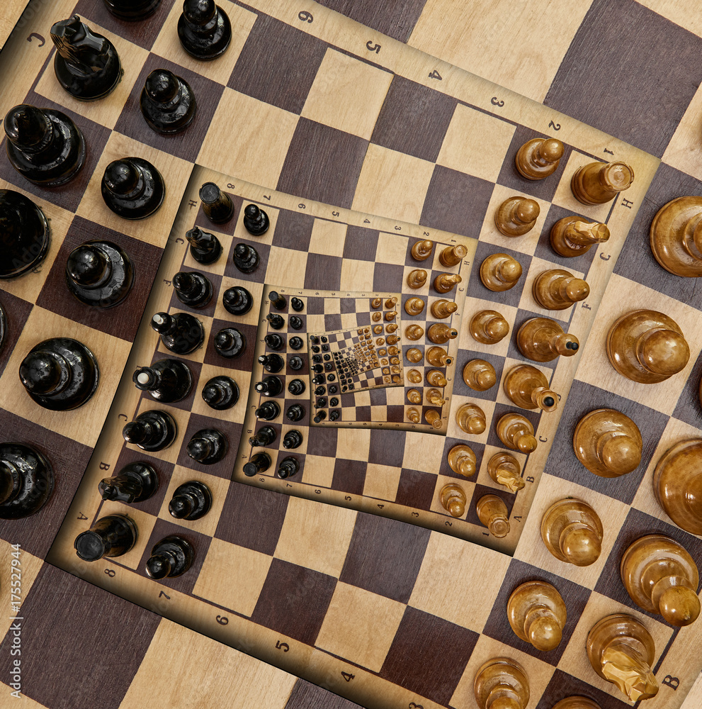 抽象木制棋盘桌白色黑色人物方形螺旋超现实效果。图案效果苏