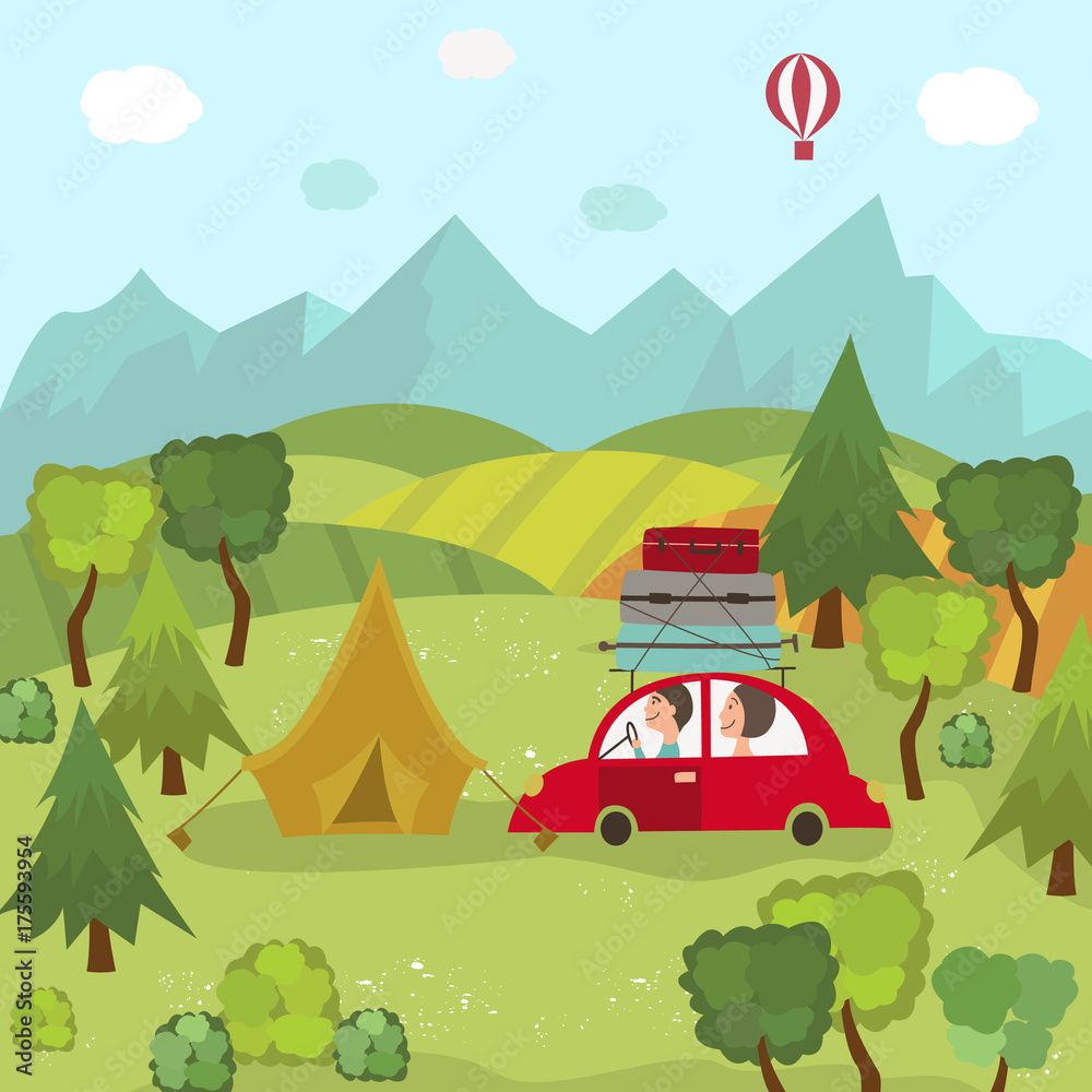 家庭汽车旅行和露营在乡村、绿地、树木、山脉和蓝天、平坦的卡通