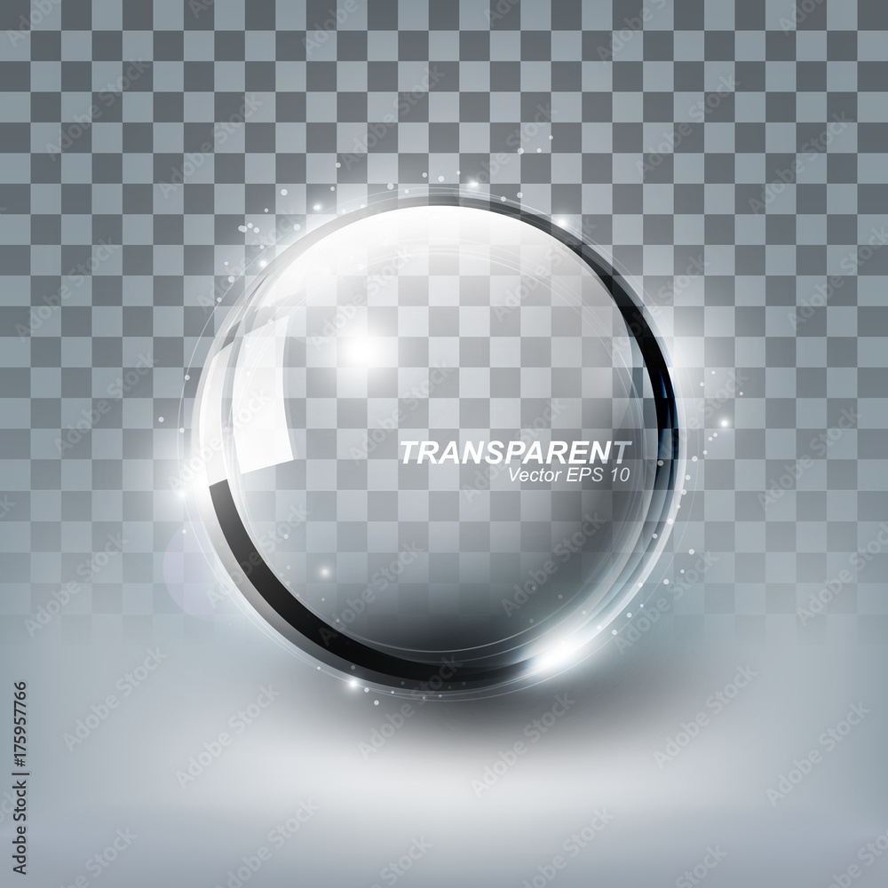 现代闪亮透明玻璃球体，白色背景上有阴影，矢量插图