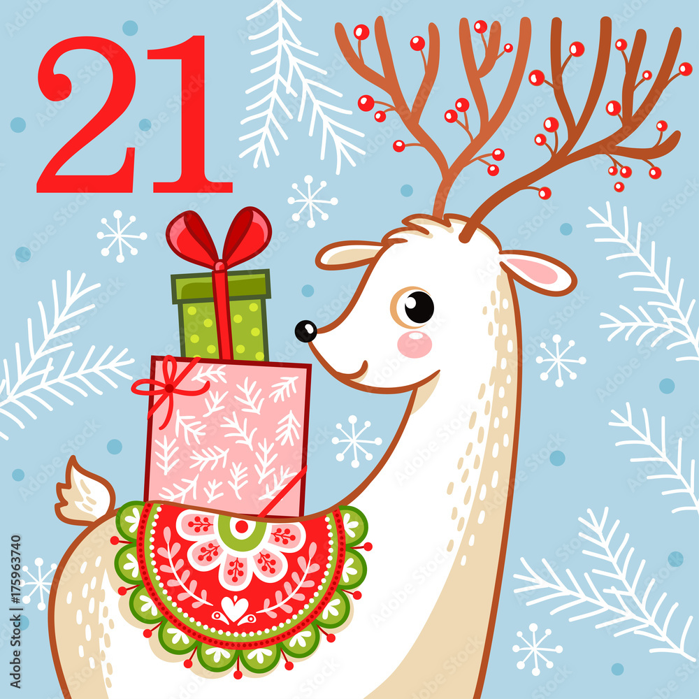 儿童风格的矢量圣诞来临日历。背上带圣诞礼物的可爱鹿。生病了
