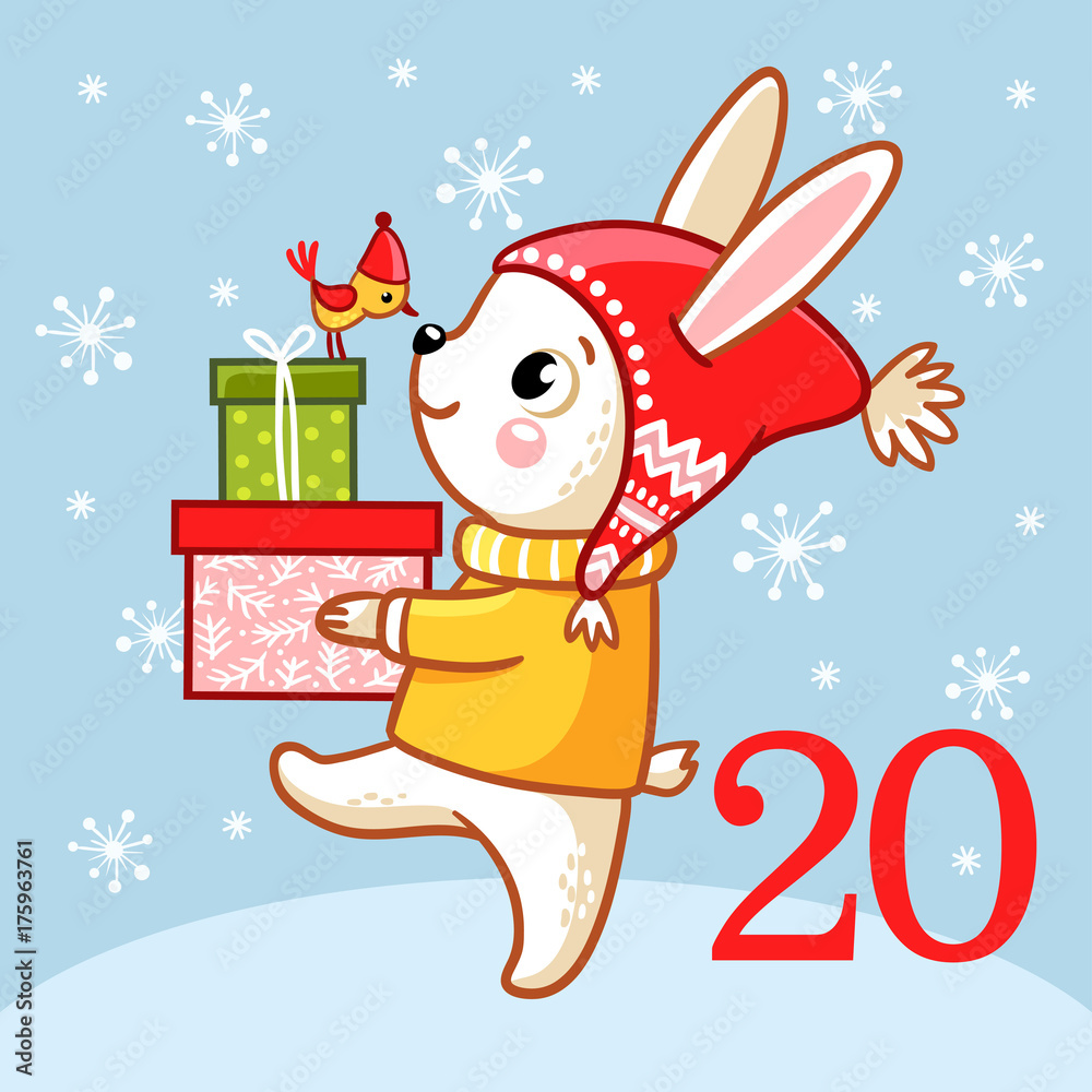 儿童风格的矢量圣诞降临日历。可爱的兔子站在雪地里，抱着bo