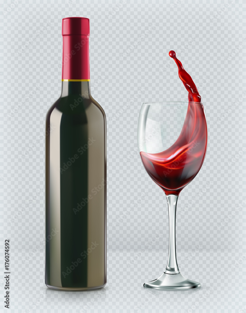 一瓶葡萄酒和酒杯。红色飞溅。三维真实感，带透明度的矢量图标