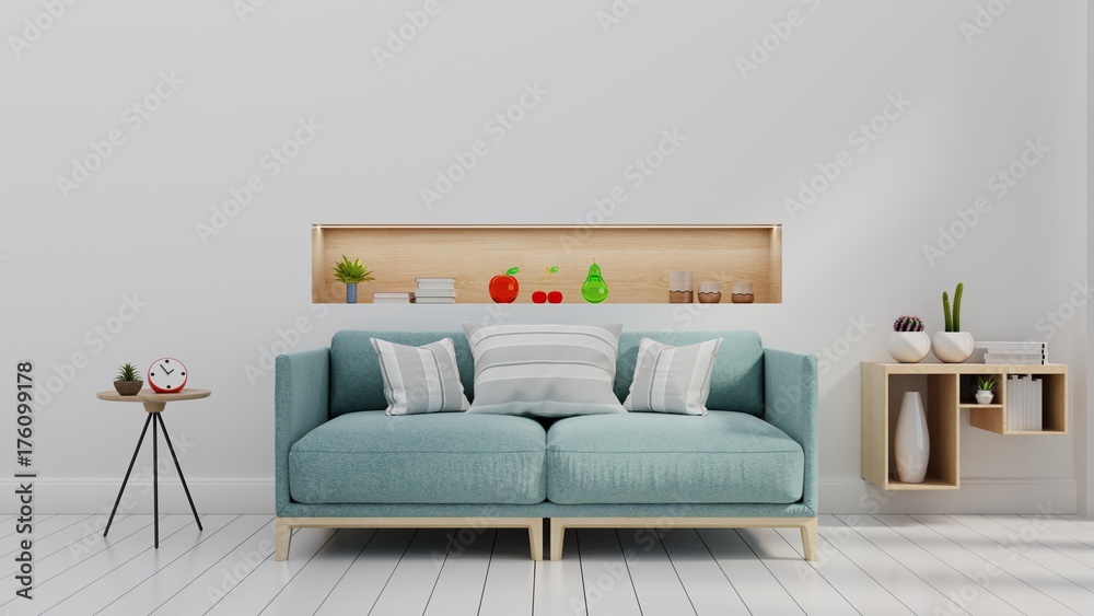 现代客厅，白色墙壁背景上有蓝色沙发和架子。3d效果图。