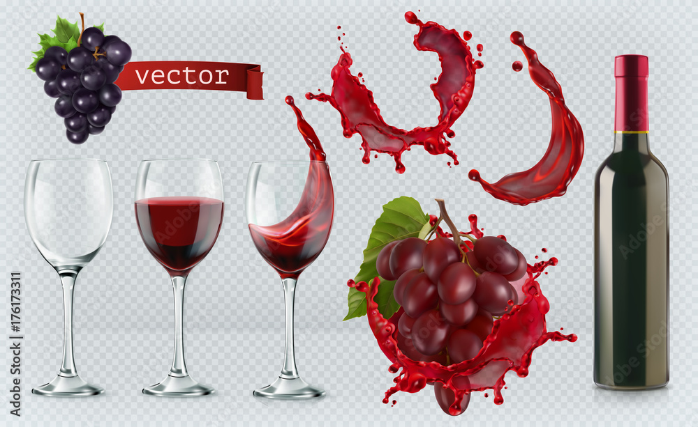 Red wine. Glasses, bottle, splash, grapes. 3d realistic vector icon set