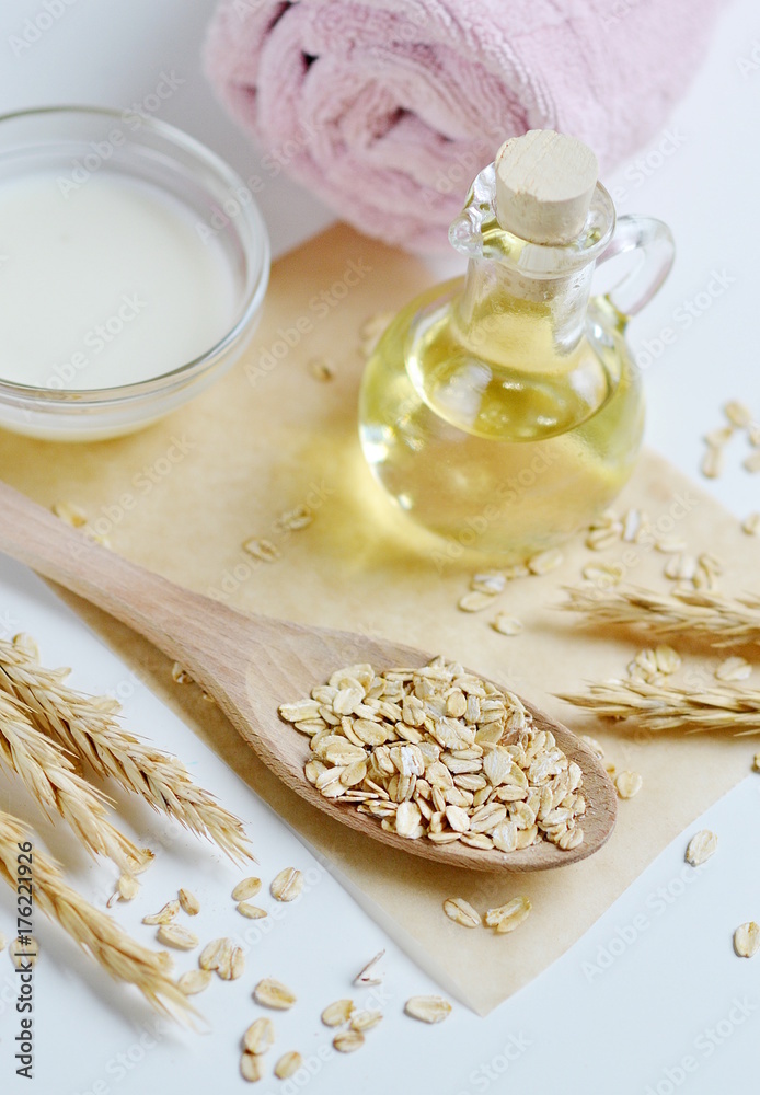 Natural Ingredients for Homemade Oat Body Face Milk Scrub Salt Oil Honey Beauty Concept Organic Eco 