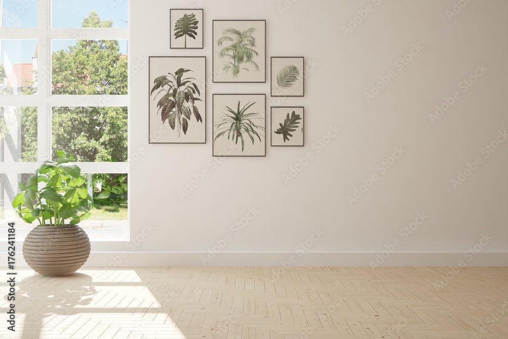 白色空房间的想法，窗户里有夏季景观。斯堪的纳维亚室内设计。3D插图