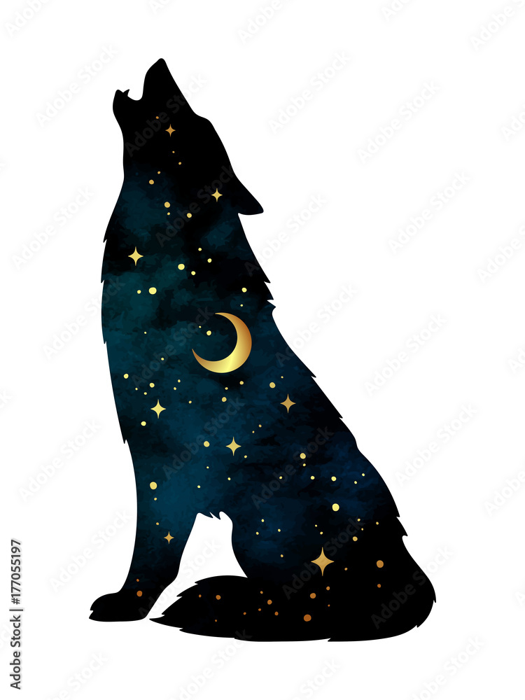 新月和星星孤立的狼的剪影。贴纸、印花或纹身设计矢量病
