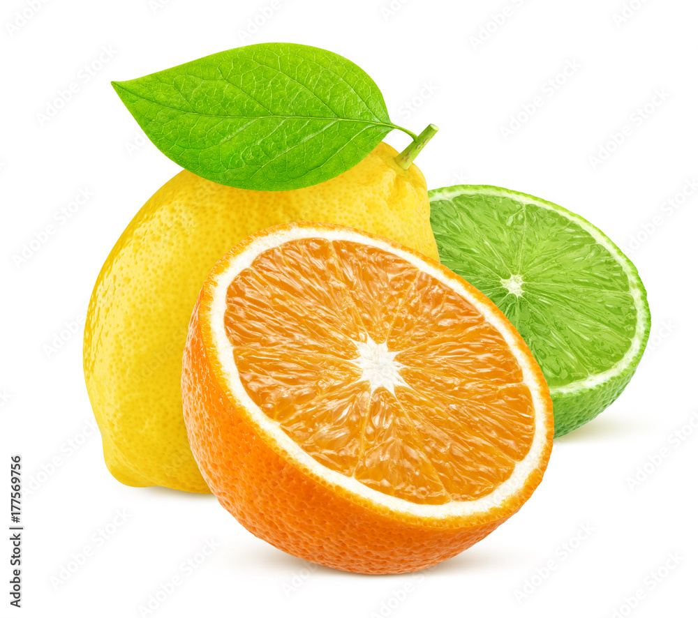 分离的柑橘类水果。柠檬、酸橙和橙色在白色背景上分离