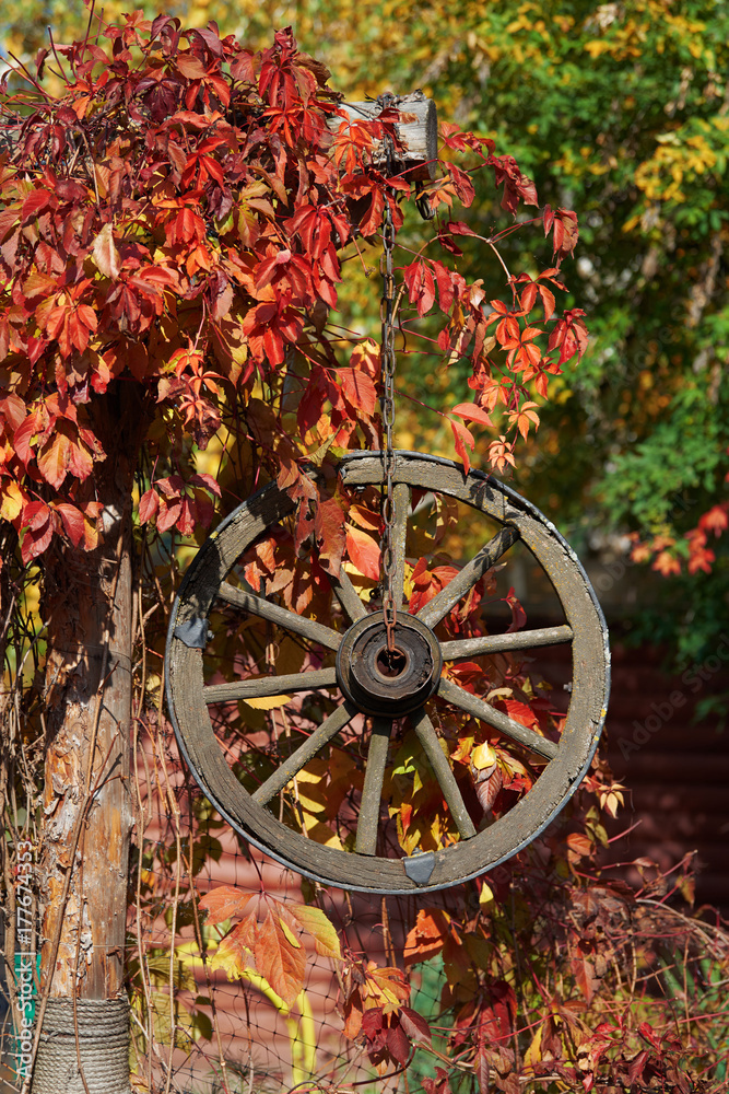 木制轮子的秋季装饰