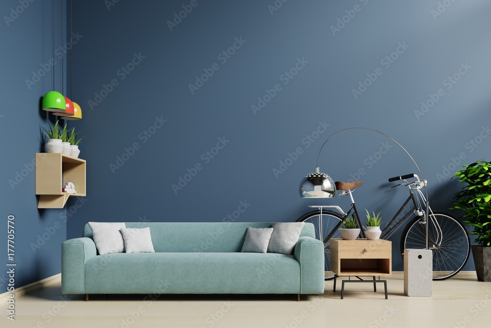 宽敞的蓝色客厅有蓝色沙发，室内装饰有自行车，3D渲染。