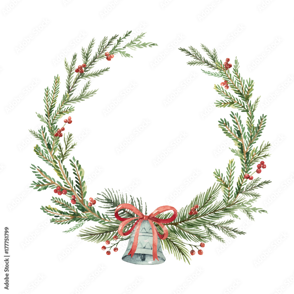 带铃铛和冷杉树枝的水彩矢量圣诞花环。