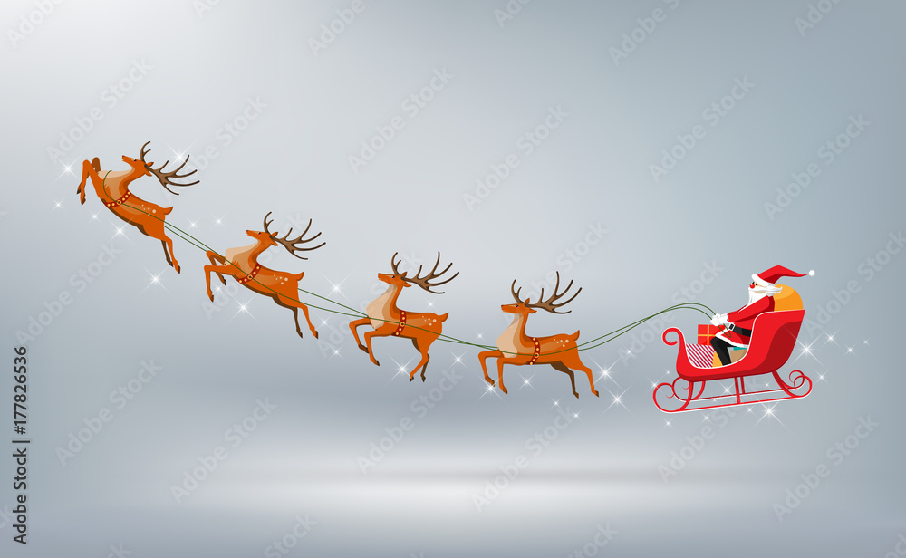 圣诞快乐，新年快乐，圣诞老人驾驶雪橇，驯鹿与世隔绝，卡通形象平平