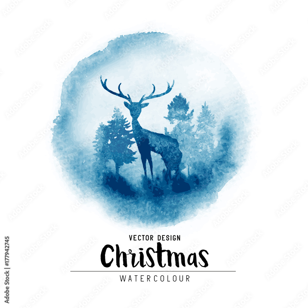 冬季圣诞水彩场景，圣诞树和雄鹿。矢量圣诞装饰插图