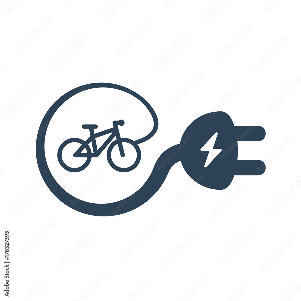白色背景上的独立电动自行车符号图标。带有电动闪光灯的电动自行车线条轮廓