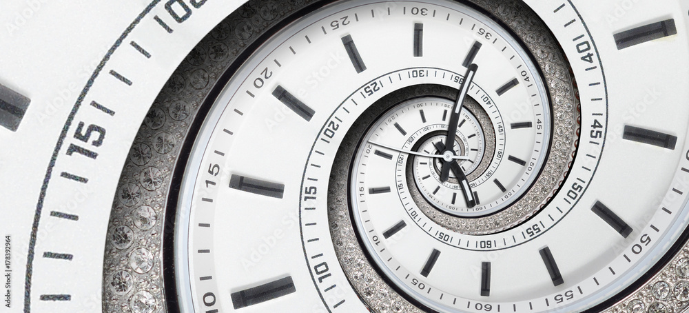 现代钻石白钟表指针扭曲成超现实的螺旋。抽象的螺旋分形。瓦特