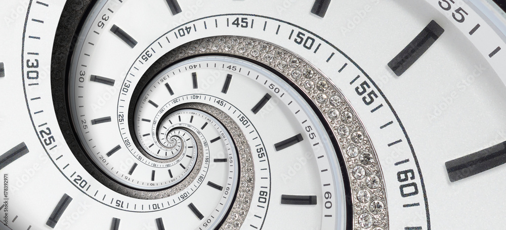 现代钻石白时钟手表扭曲成超现实的螺旋。抽象的螺旋分形时钟。手表clo