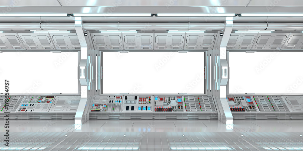 太空船内部白色窗户3D渲染