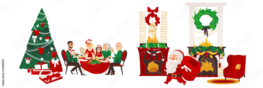 矢量圣诞假期场景集。圣诞老人拿着礼物袋站着，壁炉里有袜子，房间