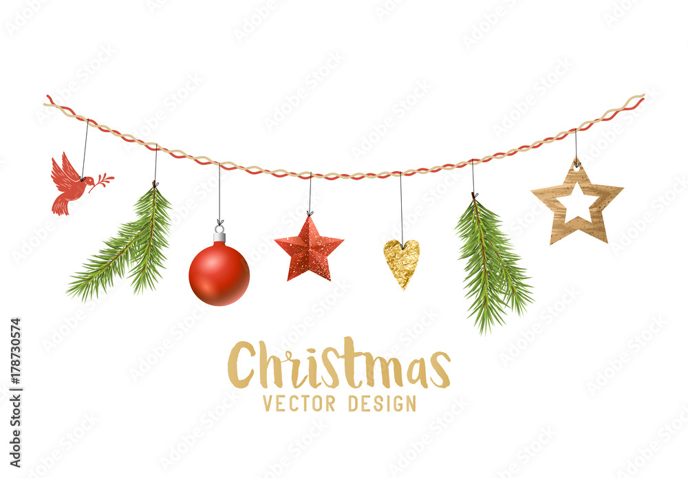悬挂圣诞装饰品，由冷杉树枝、木制星星和圣诞装饰品组成。面纱