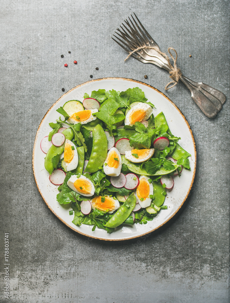 健康的春季绿色沙拉，白盘子里有萝卜、煮鸡蛋、芝麻菜、青豆和薄荷
