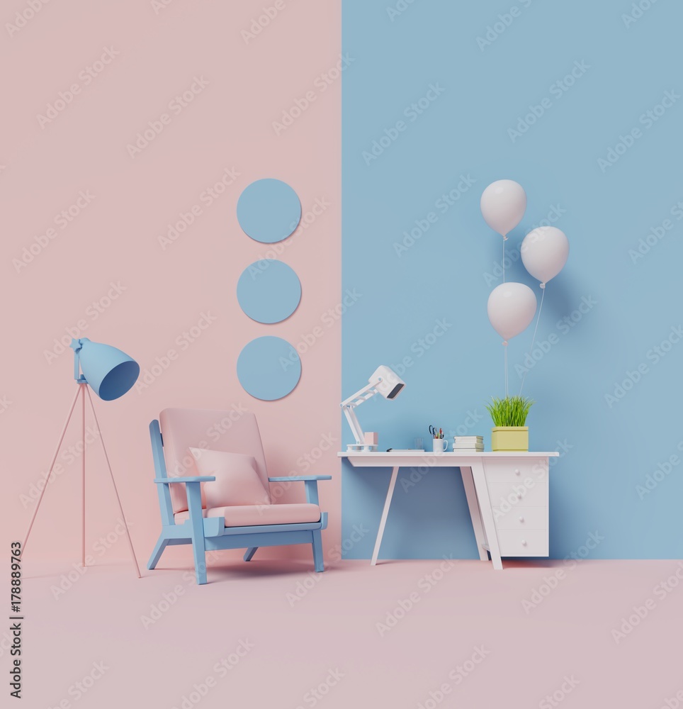 带扶手椅和办公桌的彩色客厅。3D渲染