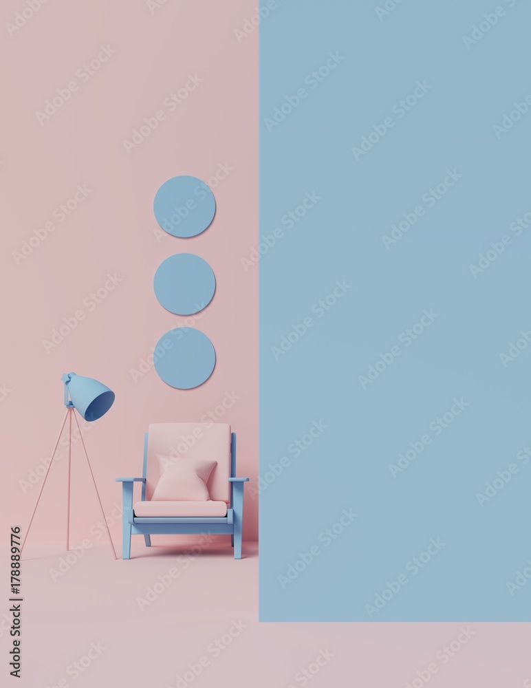 带扶手椅和灯具的彩色客厅。3D渲染