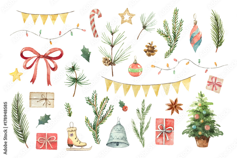 Watercolor vector Christmas set with fir branches, balls, gifts, garlands and bow.