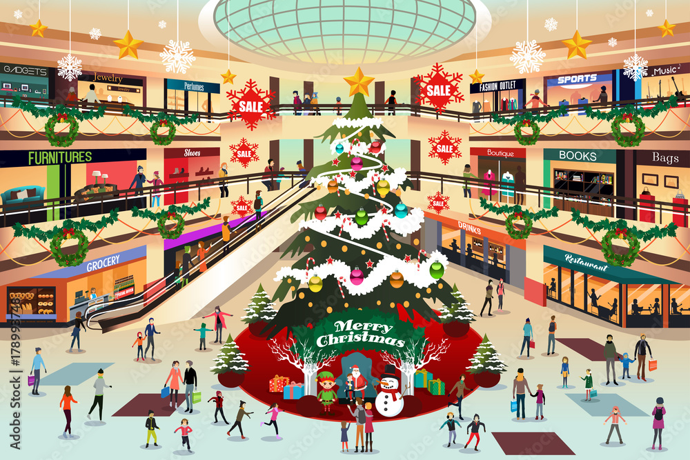 圣诞节期间的购物中心插图