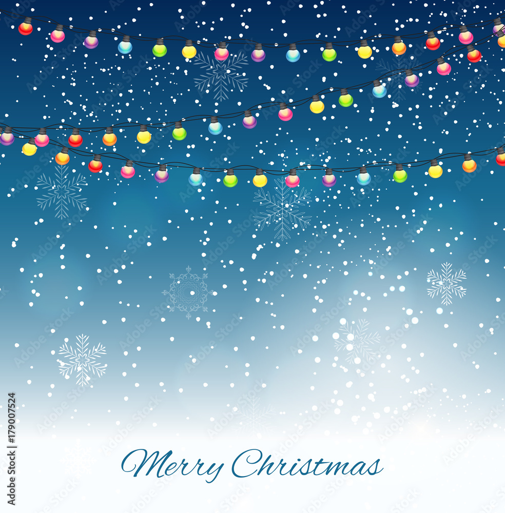抽象的美丽圣诞和新年背景，加兰德灯泡灯和雪花飘落。矢量