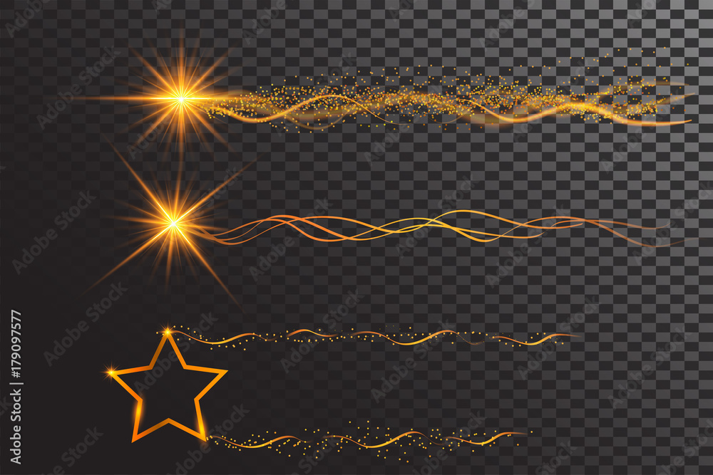 金光闪闪的星星和缎带波浪。金光闪闪的螺旋。神奇的发光效果