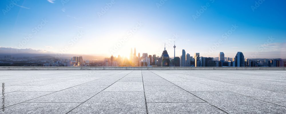 empty marble floor with modern cityscape