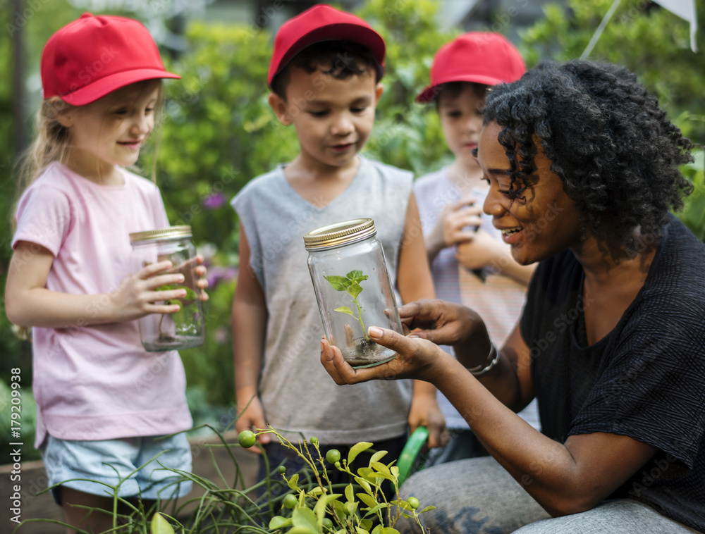 教师和儿童学校学习生态园艺
