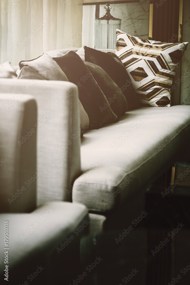 客厅的现代内饰，在阳光明媚的日子里有一部分沙发，后面有白色窗帘