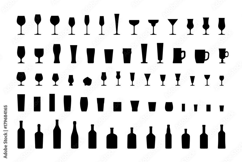 酒吧眼镜和瓶子，图标集黑色轮廓。矢量