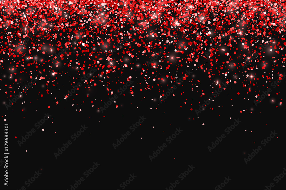 黑色背景上的红色闪光，掉落的粒子。矢量