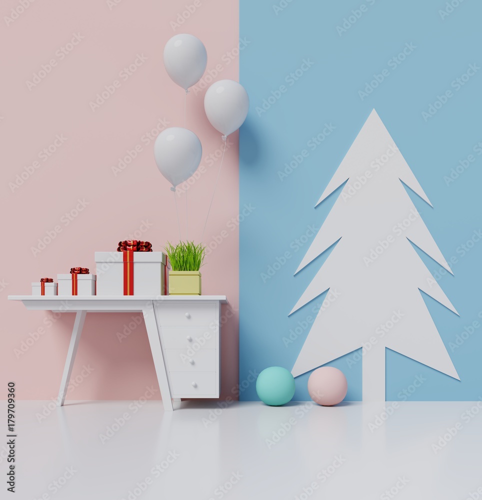 带礼盒和气球的圣诞房间.3d效果图