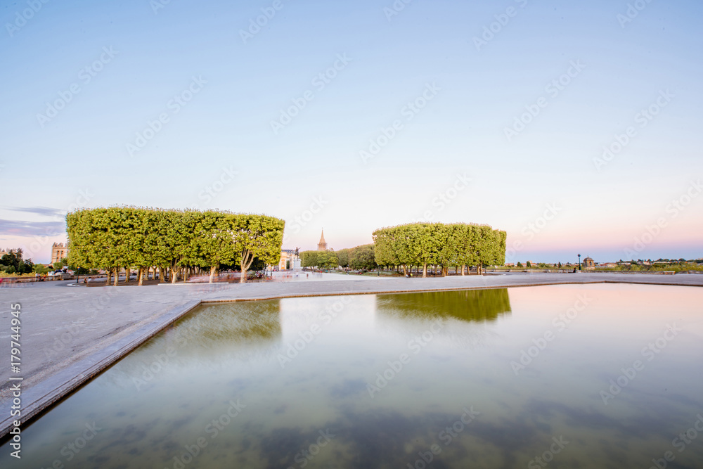 View on the Peyrou gardens with fountain during the evening light in Montpellier city in southern Fr